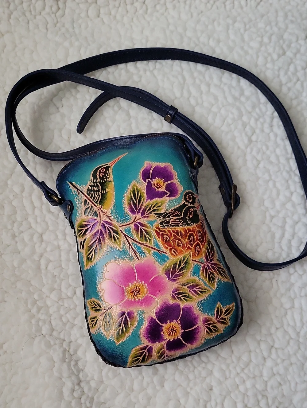 Hummingbird Themed Teal Floral Genuine Leather Hand-Painted Crossbody